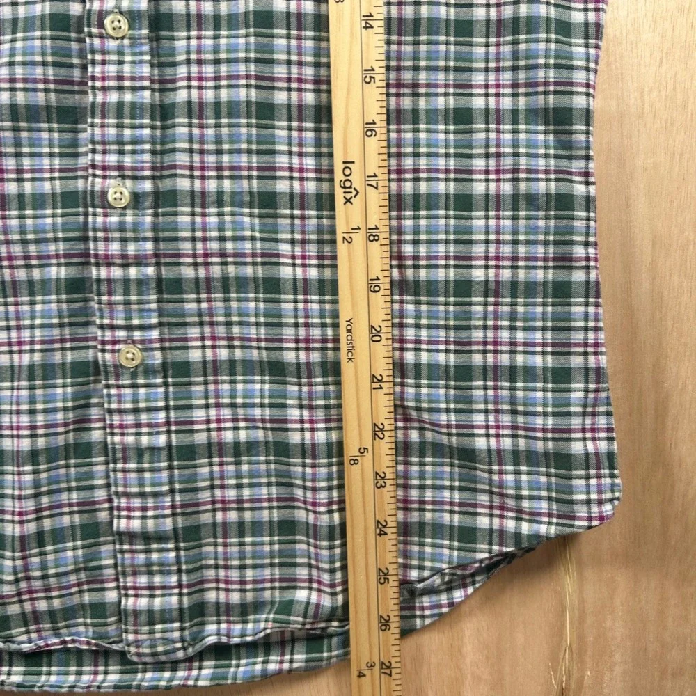 Ralph Lauren Boys Green Blue Plaid Slim Fit Short Sleeve Button Down Shirt M